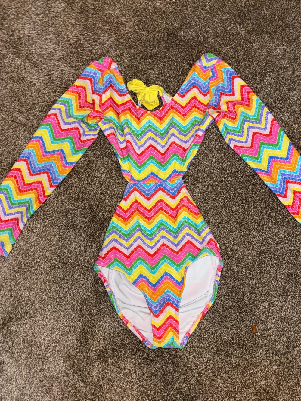 Girls' Rainbow Chevron Long-Sleeve Swim One-Piece with Yellow Bow